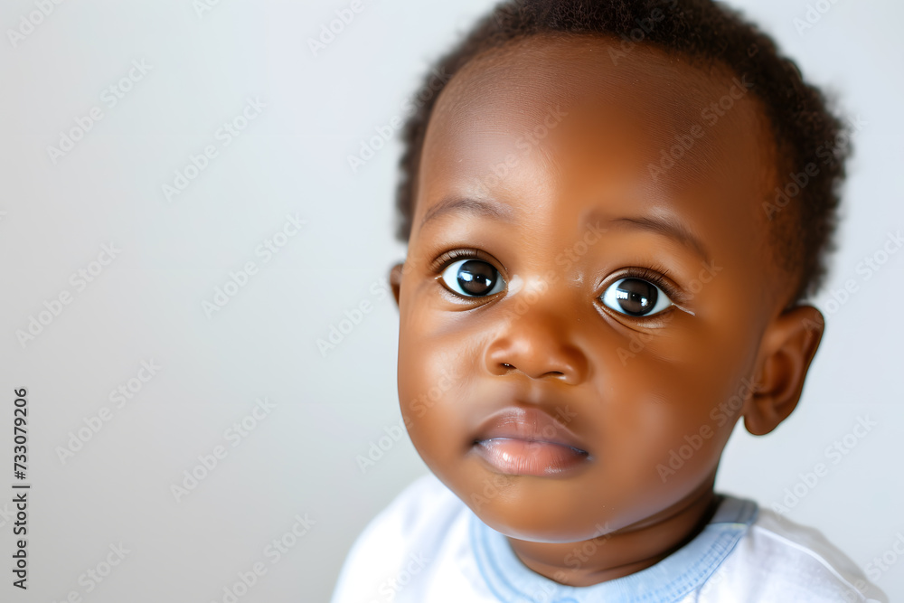 Closeup portrait of cute African American baby toddler isolated on white background Closeup portrait of cute African American baby toddler isolated on white background