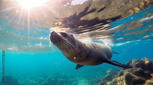 AI generated sea lion swimming in water © Wirestock
