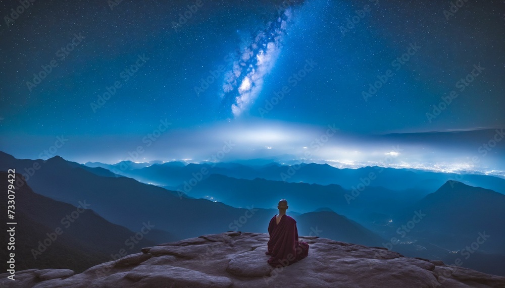 AI generated illustration of a monk sitting on a rock and meditating at night