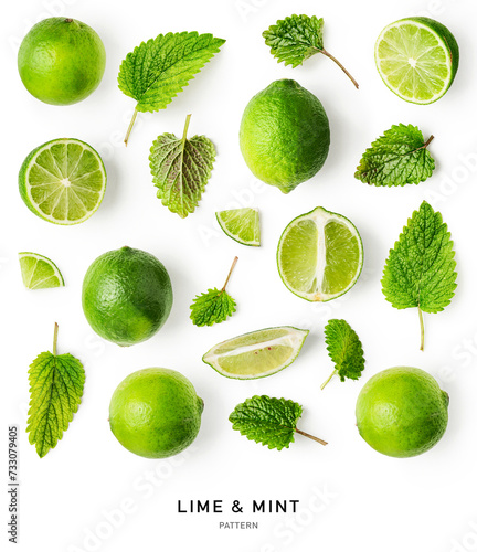 Lime citrus fruits and mint leaves pattern isolated on white background.