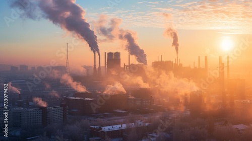 Urban factories and smoking chimneys. Environmental pollution problem. Smoke-polluted industrial city. Depressive urbanism photo