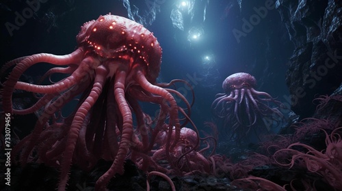 Group of pink octopuses swimming in the water illuminated by the moonlight, AI-generated. © Wirestock