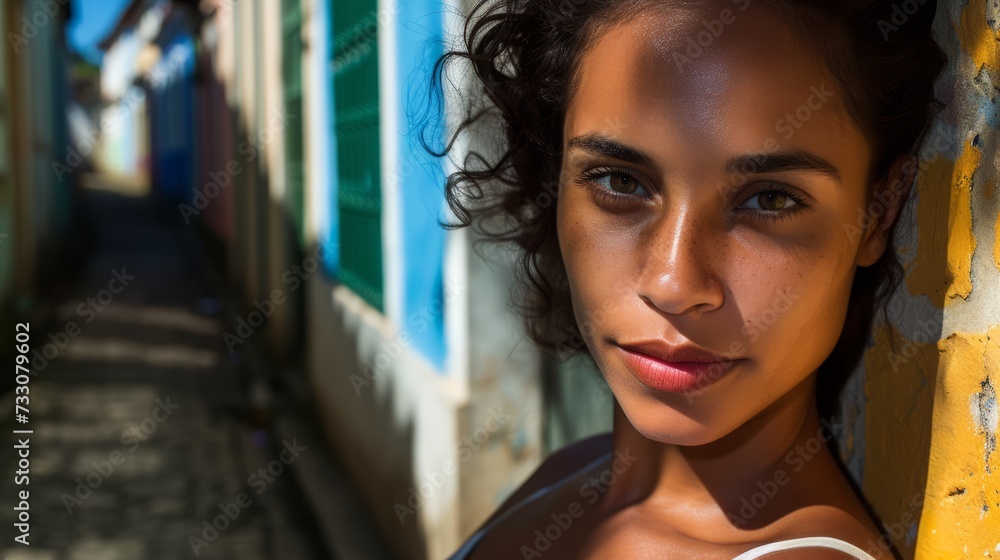 Portrait of a beautiful young woman with afro curly hairstyle in the city. Olive-skinned beauty with expressive dark eyes, positioned against the historic backdrop of Salvador's Pelourinho district. 