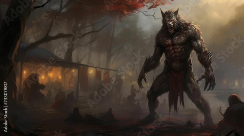AI generated illustration of a monstrous werewolf in a forest camp © Wirestock