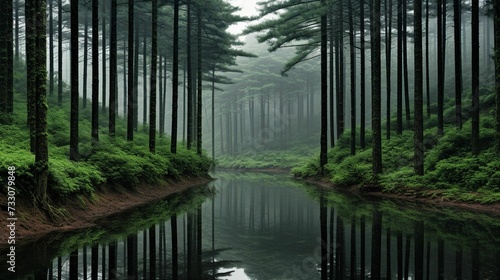 AI generated illustration of a river in a green foggy forest