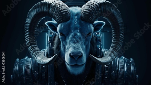 An AI illustration of the evil looking horned goat is wearing chains on his head photo