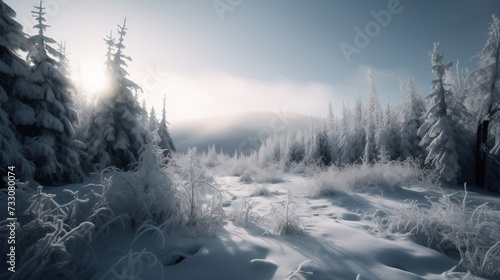AI generated illustration of a tranquil winter scene of a snow-covered pine forest © Wirestock