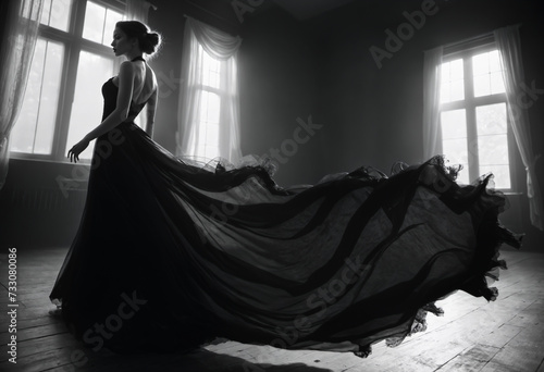 the woman is posing in her black gown in an empty room