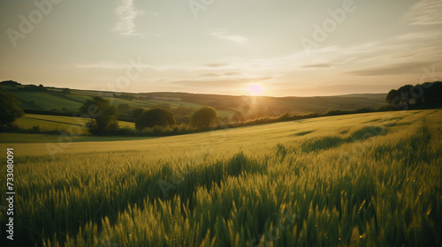 AI generated illustration of a beautiful landscape of summer sunset over a grassy field