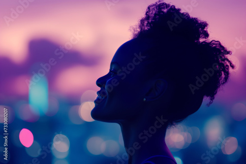 AI generated illustration of a curly-haired woman against captivating bokeh lights