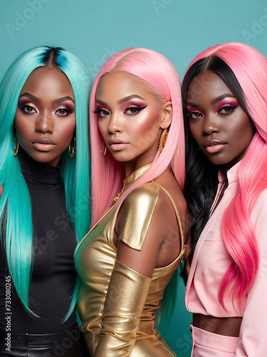 Three beauitufl black women, showcasing colorful hairstyles against a teal background. They wear stylish clothing, with one person in a golden outfit that shines brightly 🌈✨ photo