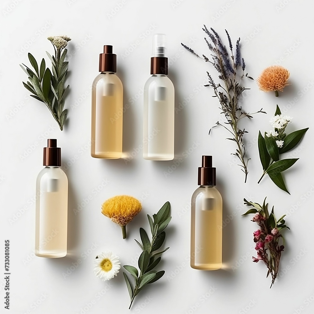 Set of glass containers with an assortment of natural oils. AI-generated. Set of glass containers with an assortment of natural oils. AI-generated.
