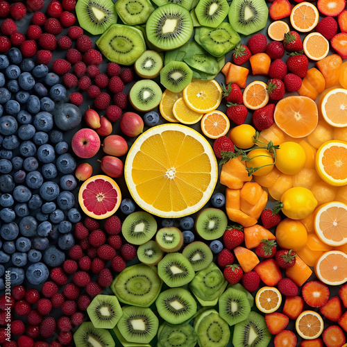 Assortment of colorful fresh fruits  neatly organized.