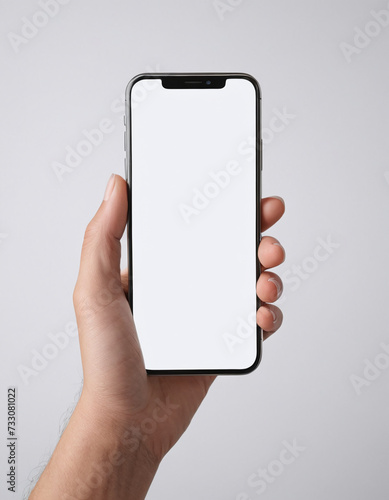 Hand holding a mobile phone with a blank screen