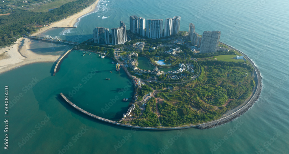 Aerial view of artificial island landscape