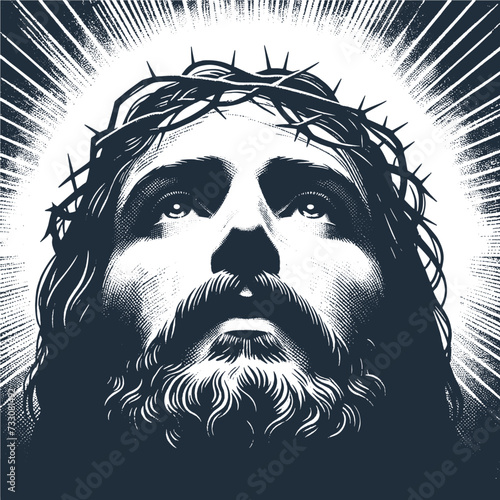Jesus Revelation. Vintage woodcut engraving style vector illustration on dark background.