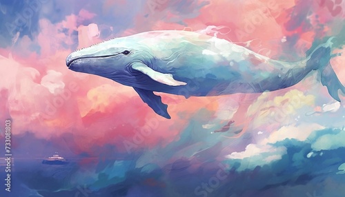 AI generated illustration of a majestic whale swimming in the deep blue ocean with fluffy