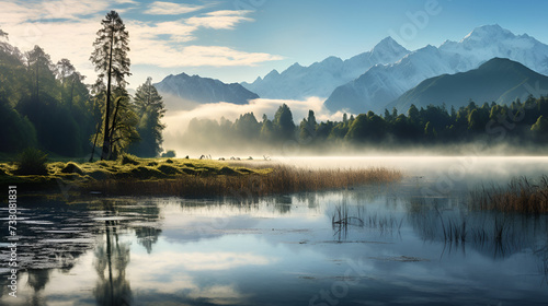 Dreamlike Vistas  Journeying Through the Misty Splendor of Landscape View  Lake Matheson  as Mountains Awaken at Dawn