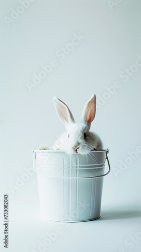 A white fluffy rabbit looks out of a white bucket. Copy space. Greeting card concept. Generative AI © AngrySun