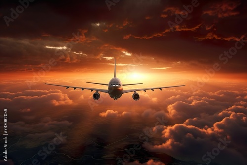 AI generated illustration of a commercial airplane flying through the sky at a beautiful sunset