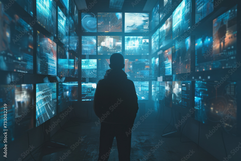 Video archives concept. Human around multiple screens. Video archives concept. Human around multiple screens.