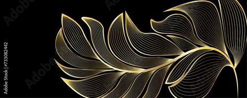 Golden Line art botany banner. Japanese style Hand drawn vector. Line art style design. Concept traditional Asian Card with space for text wedding, invitation, template card Golden frames.