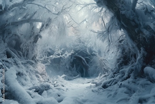 AI generated illustration of a frozen landscape with ice-covered trees