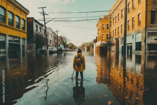 AI generated illustration of a man walking in a flooded city street