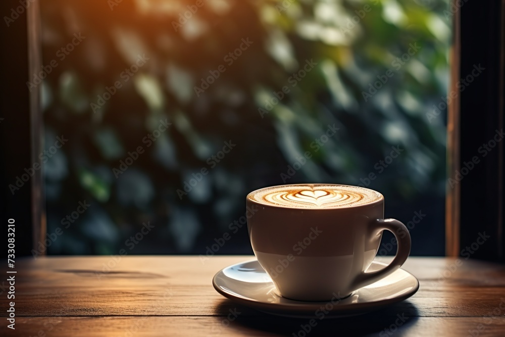 close-up of coffee cup  on wooden table  with nice view drinking coffee in greenery