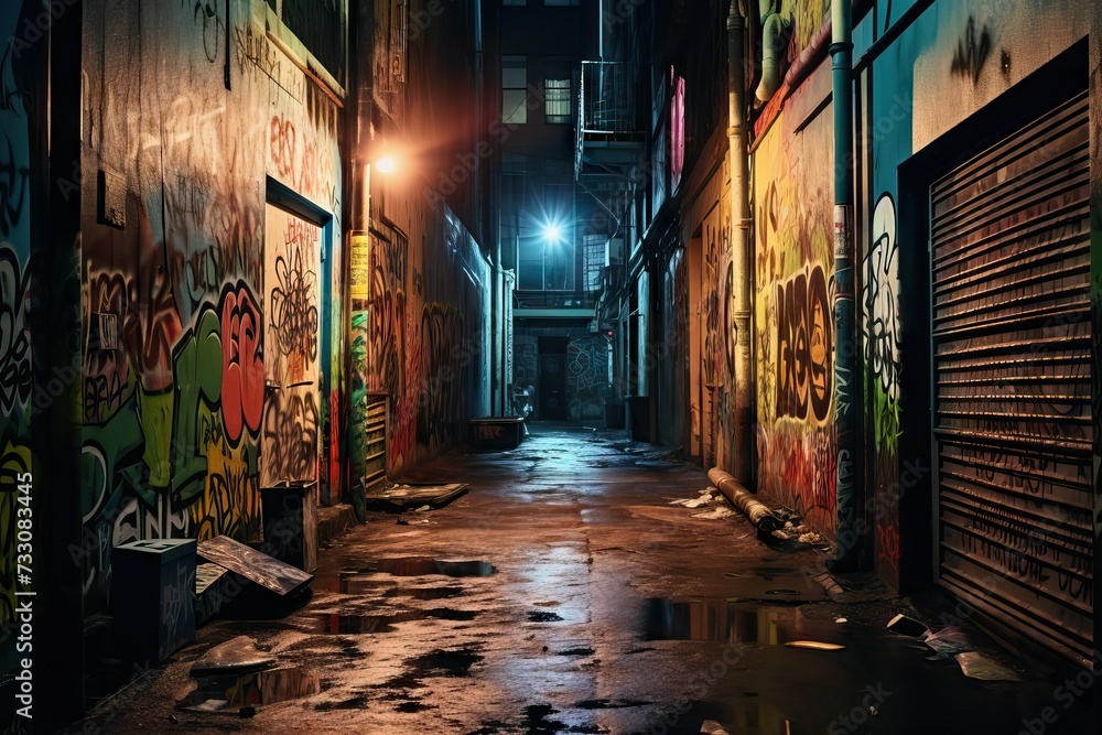 AI generated illustration of a dark alleyway with looming shadows and graffiti-covered walls