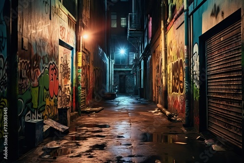 AI generated illustration of a dark alleyway with looming shadows and graffiti-covered walls