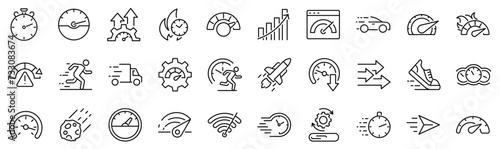 Set of 30 outline icons related to speed. Linear icon collection. Editable stroke. Vector illustration photo