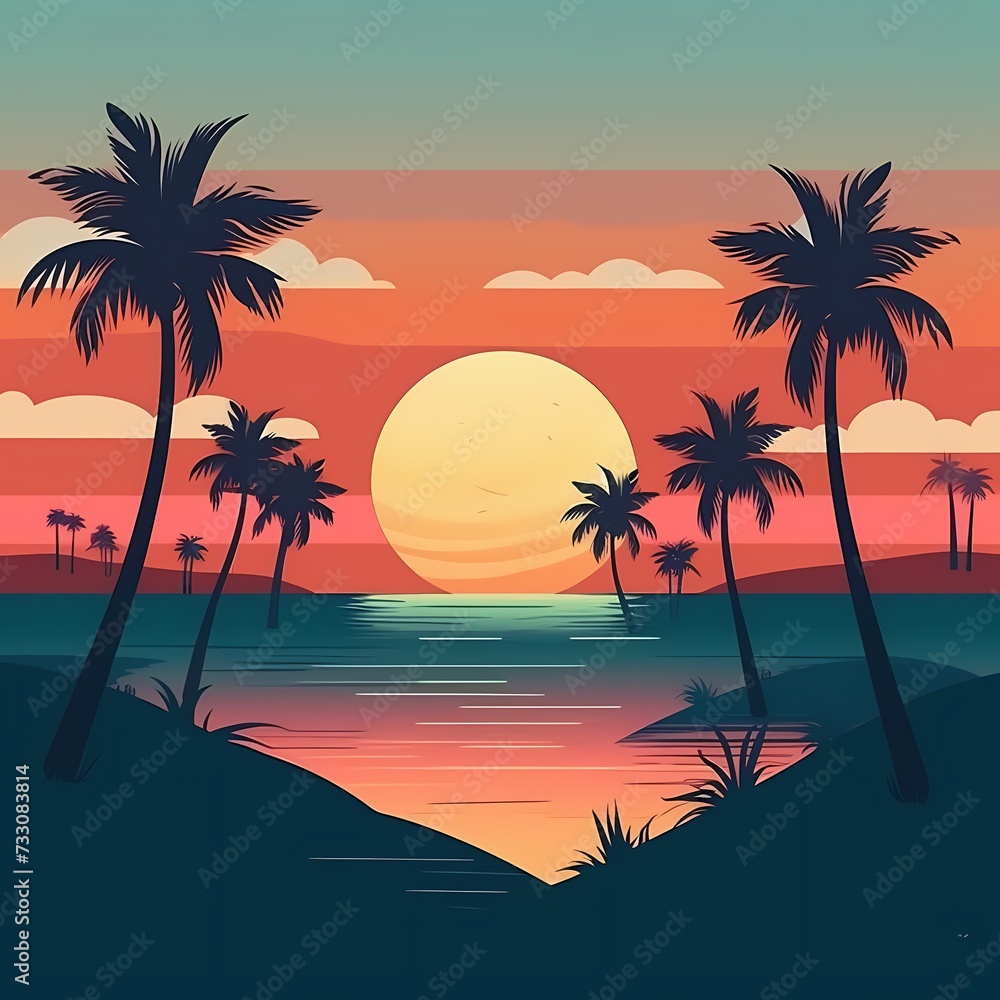 Tropical Paradise: Serene Sunset with Palm Trees Silhouettes and Ocean Reflections
