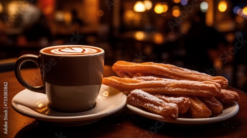 AI generated illustration of a cup of hot chocolate with churros