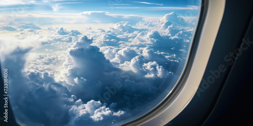 Sky view from an airplane window. White-blue clouds  sun rays. Travel by plane concept. Generative AI