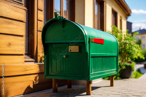 Green wooden Mailbox in an house residential building outside. Modern numbered mailboxes box outdoors, creative design mail backgrounds. Urban correspondence concept. Copy ad text space. Generated Ai