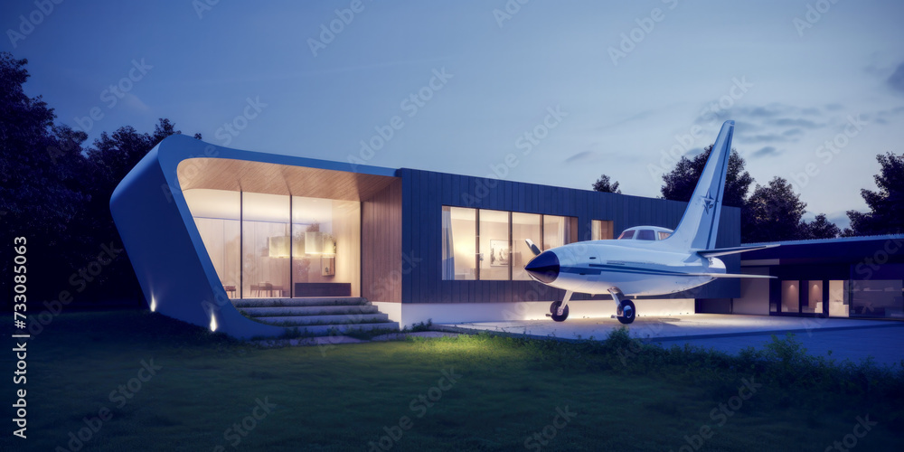 A modern house made by airplane parts, exterior view - obrazy, fototapety, plakaty 
