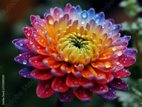 Closeup of a vibrant flower with water droplets on the petals, AI-generated.