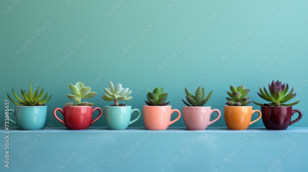 A row of five coffee cups with succulents in them, AI