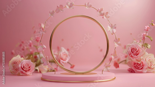empty pink round podium decoration with heart shape balloon, gift box, confetti, red rose flower, for product presentation,  empty podium for valentine day