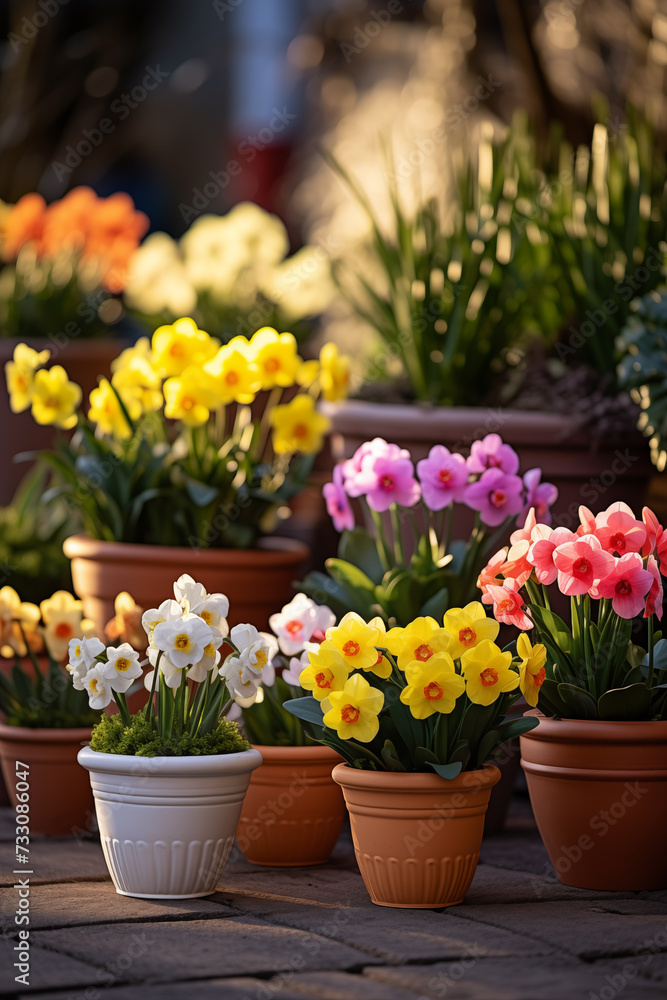 Fototapeta premium Spring flowers in pots. Happy Easter background. Seedlings and gardening