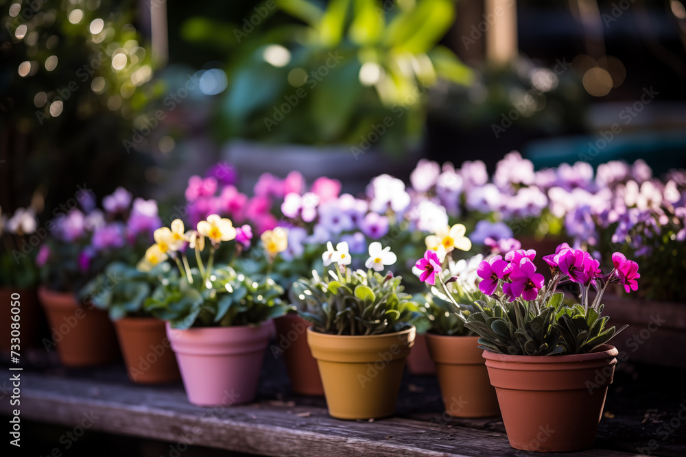 Spring flowers in pots. Happy Easter background. Seedlings and gardening