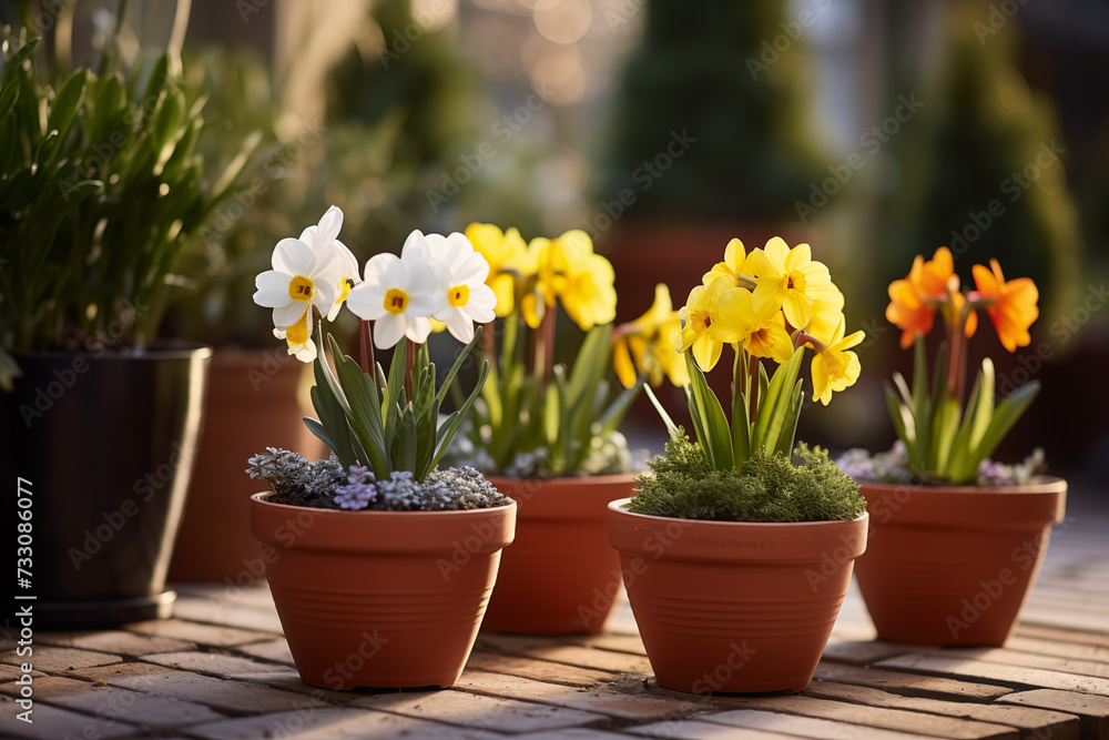 Spring flowers in pots. Happy Easter background. Seedlings and gardening