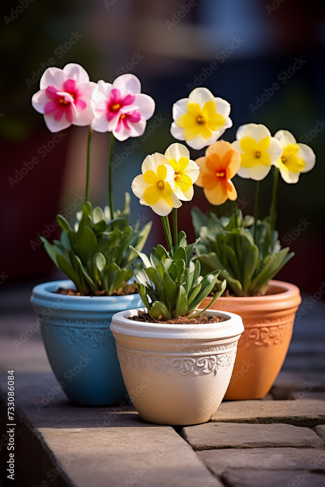 Spring flowers in pots. Happy Easter background. Seedlings and gardening