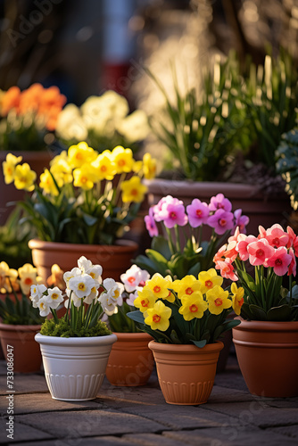 Spring flowers in pots. Happy Easter background. Seedlings and gardening © Aleksandr