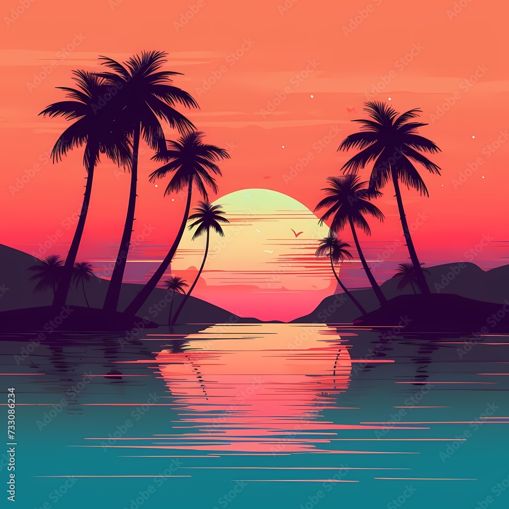 Tropical Paradise Sunset with Palm Silhouettes and Calm Waters