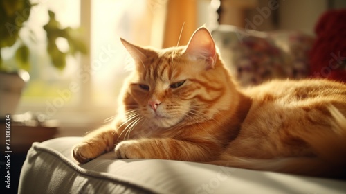 A tranquil scene showcasing a ginger cat lounging with elegance on a plush sofa, epitomizing comfort.