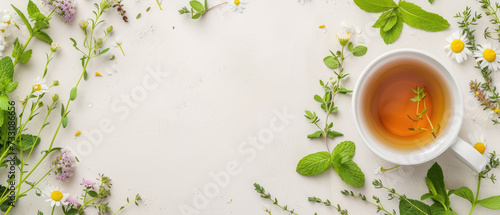 cup of herbal tea with chamomile, mint and other herbs on a light background, top view, copy space photo