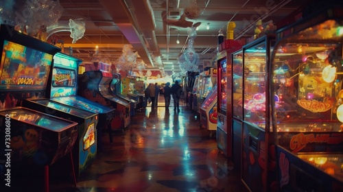 AI generated arcade with pinball and video game machines on the walls © Wirestock