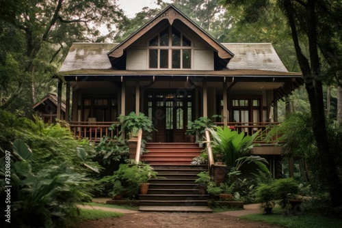 a big house that is in the middle of the jungle © Wirestock
